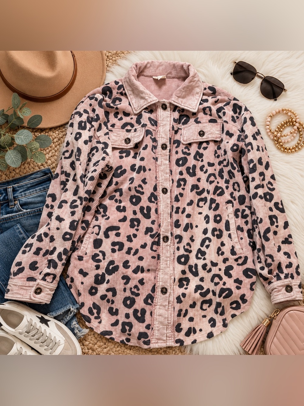BiBi Blush Pink Leopard Print Corduroy Jacket